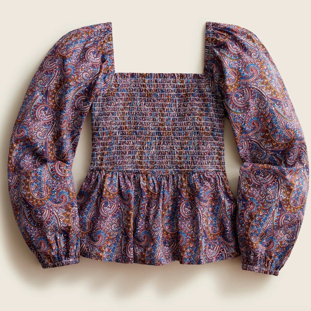 J. Crew Purple Paisley Smocked Square-Neck Blouse